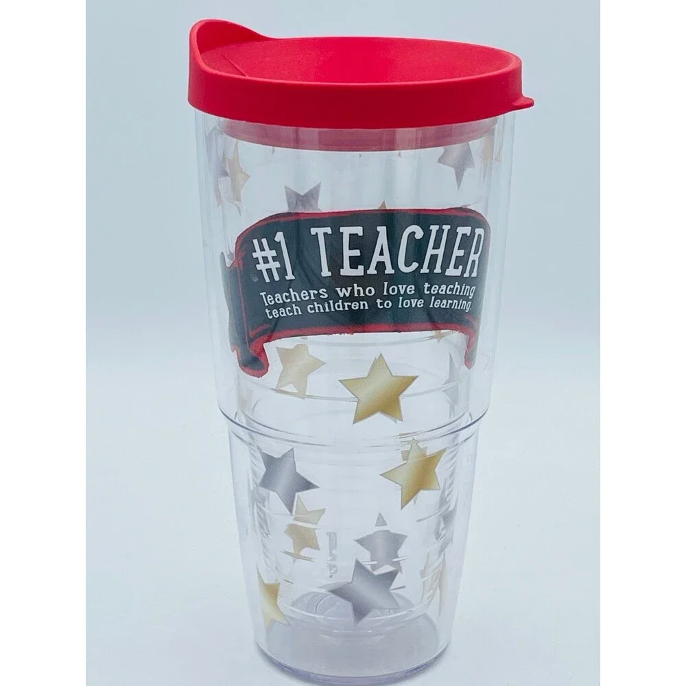 TERVIS Insulated Tumbler #1 Teacher Gold Silver Stars w/ Red Lid 24 oz. USA